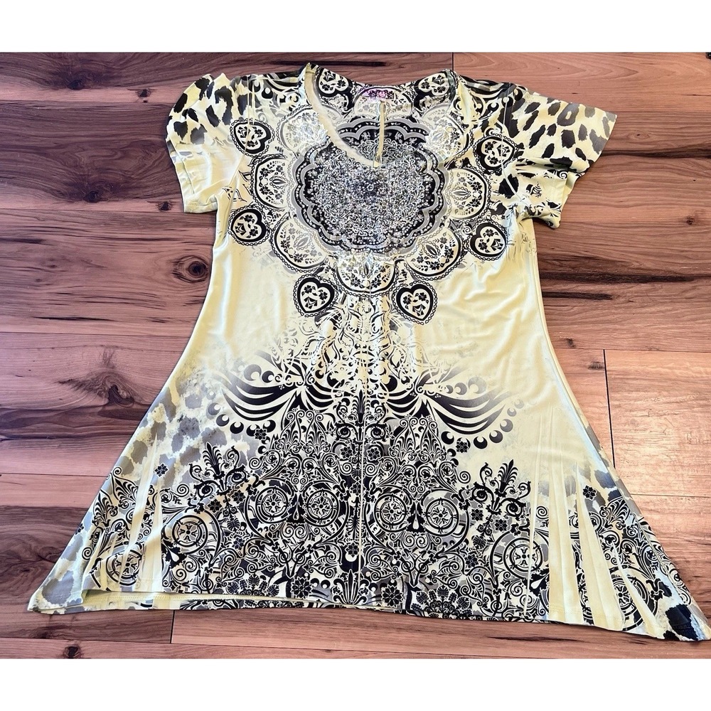 Reina Y2K USA Embellished Boho Tunic Top Green‎ Black Print Rhinestones Size 1